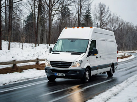 White commercial delivery van on the road in winter with snow on the groundの素材