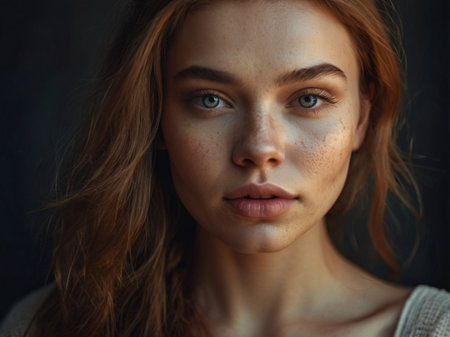 Portrait of a beautiful young woman with freckles on her faceの素材