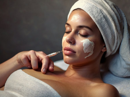 Beautiful young woman with facial mask and syringe in spa salonの素材