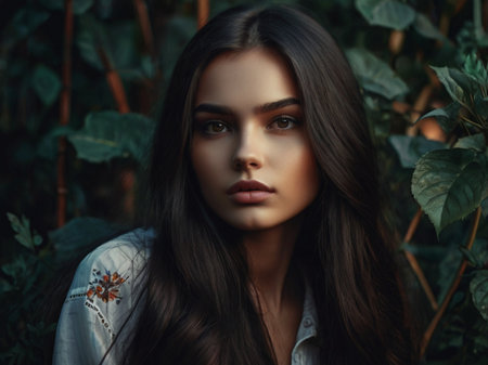 fashion outdoor photo of beautiful sensual woman with dark hair in elegant clothes posing in summer gardenの素材