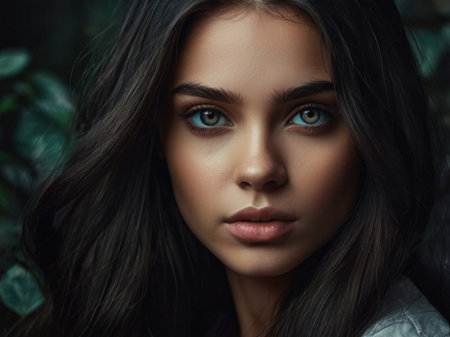 Portrait of a beautiful girl with dark hair and blue eyes.の素材