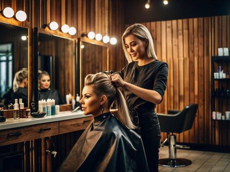 Professional hairdresser doing haircut for young woman in beauty salon.の素材