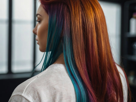 side view of beautiful young woman with dyed hair looking away at homeの素材