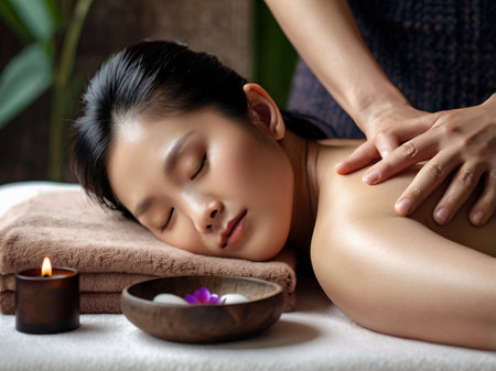 Asian woman having a massage in spa salon. Beauty treatment concept.の素材