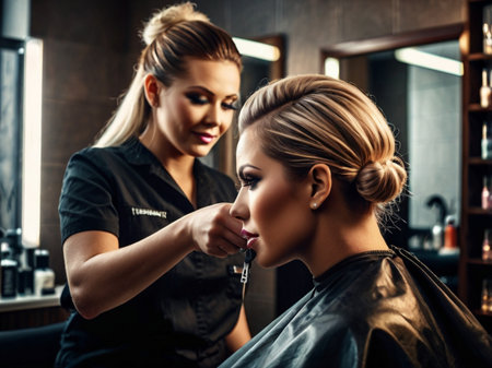 Professional hairdresser making hairstyle for young woman in beauty salon.の素材