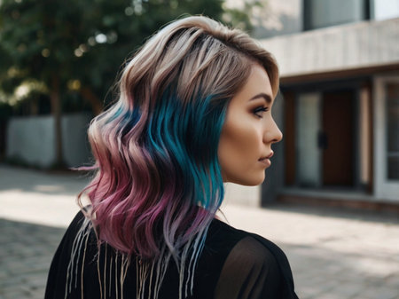 Portrait of a beautiful young woman with dyed hair. Rainbow color.の素材