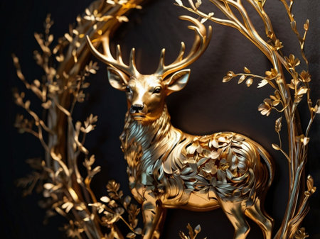 Golden deer and golden wreath on black background. 3d renderingの素材