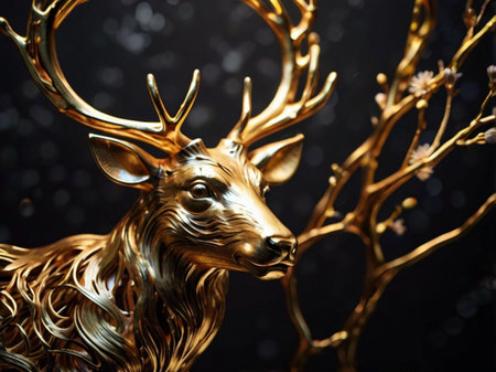 Golden deer statue on dark background. Christmas and New Year concept.の素材