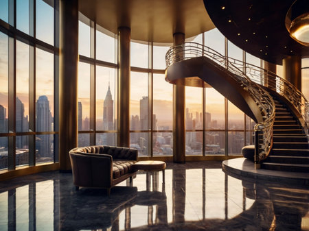 Luxury hotel lobby interior with a view of the New York City skylineの素材