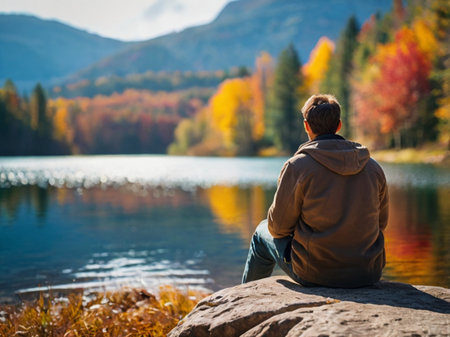 Man sitting on a rock by the lake and looking at the autumn forestの素材