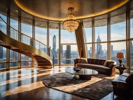 Luxury living room with a beautiful view on New York Cityの素材