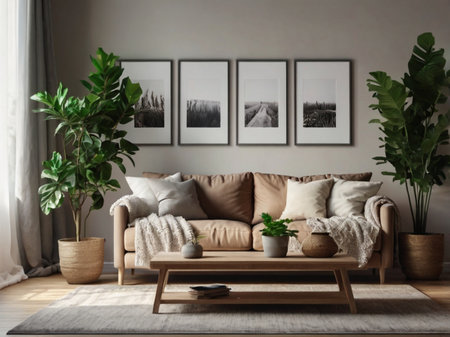Interior of modern living room with sofa, plants and picture framesの素材