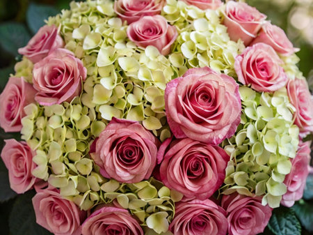 Wedding bouquet of pink roses and hydrangeasの素材