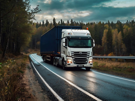 Truck on the road in the autumn forest. Freight transportation.の素材