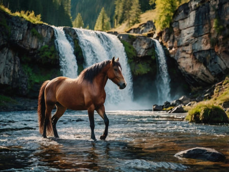 Horse in a mountain river on a background of a waterfall.の素材