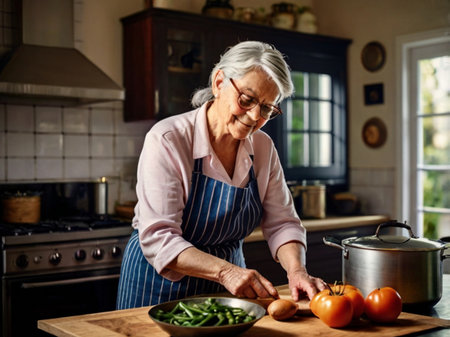 Senior woman cooking in the kitchen at home. Healthy food and active lifestyle concept.の素材