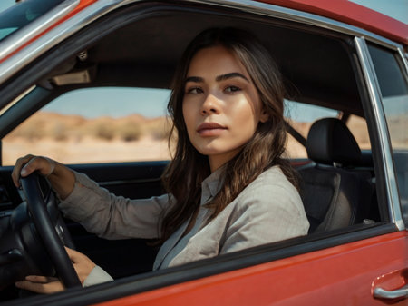 beautiful young woman driving red car in the middle of the desertの素材