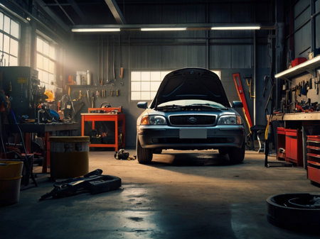 Car in auto repair shop. Auto service industry. Car service.の素材