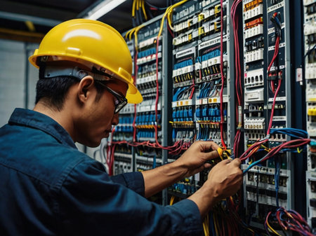 Engineer checking fuse box in server room. Electrical engineering and technology concept.の素材