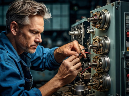 Portrait of a middle-aged male electrician repairing an electrical panel.の素材