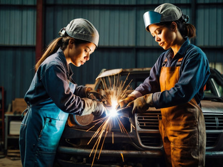 Two female workers are welding a car in a workshop. They are wearing safety helmets.の素材