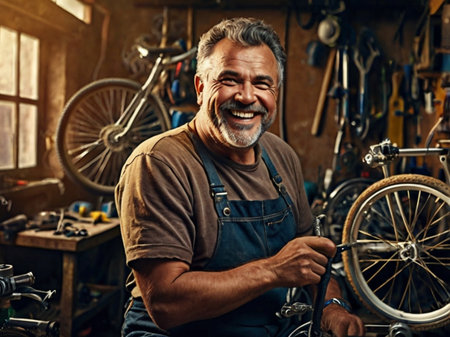 Portrait of a smiling mature man working in a bicycle repair shop.の素材