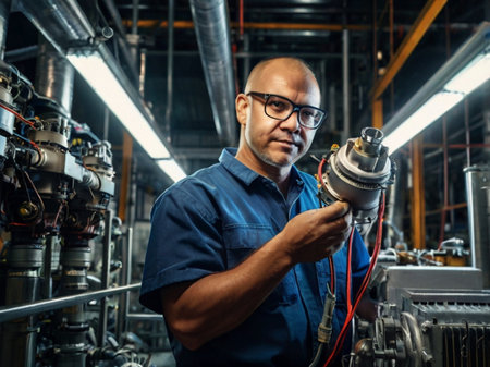 Portrait of Asian male engineer in blue uniform and eyeglasses working in industrial plant.の素材