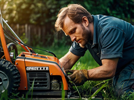 Worker in uniform is cutting grass with a gasoline gasoline engine.の素材