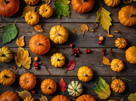 Autumn composition with pumpkins, leaves and berries on wooden backgroundの素材