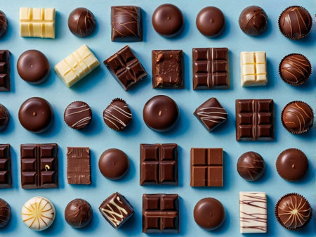 Assortment of chocolate candies on blue background. Top view.の素材