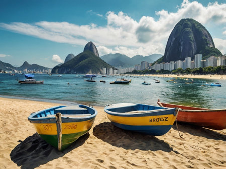Traditional fishing boats on the beach in Rio de Janeiro, Brazil.の素材