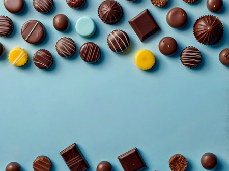 Assorted chocolate candies on blue background. Top view. Copy space.の素材