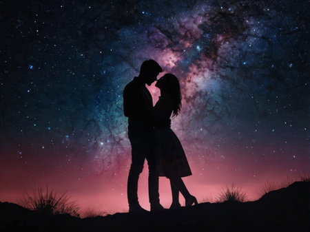 Silhouette of a young couple kissing under the starry skyの素材