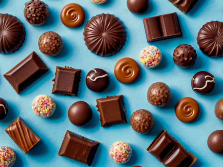 Assortment of chocolate candies on blue background. Top view.の素材