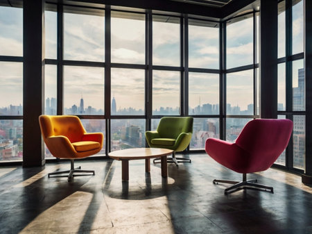Interior of modern office with panoramic window and city viewの素材