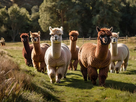 Group of alpaca in a field, Cumbria, Englandの素材