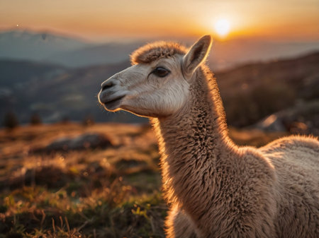 Alpaca at sunset in Andes mountains, Peru, South Americaの素材