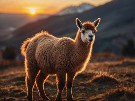 Alpaca at sunset in Andes mountains, Peru, South Americaの素材