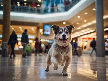 Cute mixed breed dog running in the shopping mall. Shallow depth of field.の素材