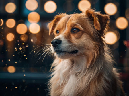 Portrait of a cute dog on a background of bokeh.の素材