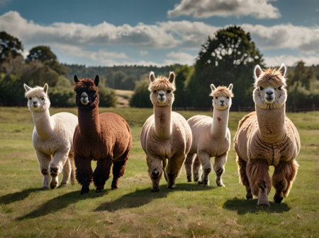 Group of alpaca grazing in the field. Alpaca farm animal.の素材