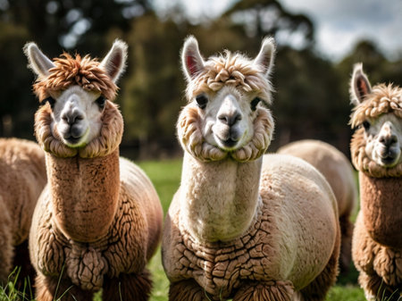 Group of alpaca in a field, Alpaca Vicugna pacosの素材