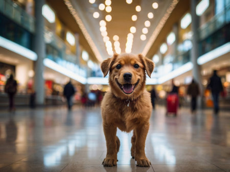 Cute golden retriever puppy standing in the shopping mall. Selective focus.の素材