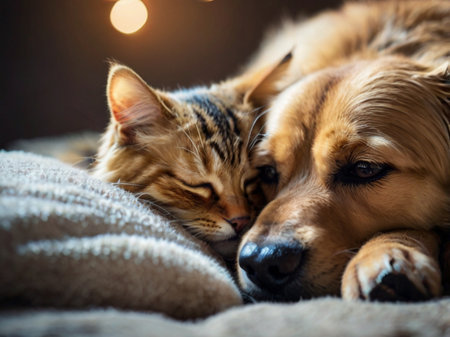 Cute Golden Retriever dog and cat sleeping together on a soft blanket.の素材