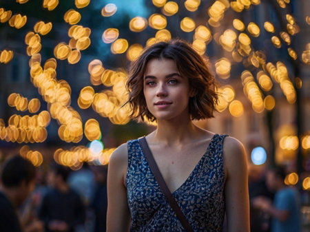Portrait of a beautiful young woman in the city at night.の素材