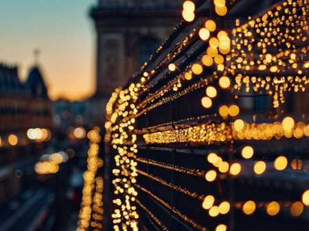 Bokeh of Christmas lights on the bridge in Paris, Franceの素材