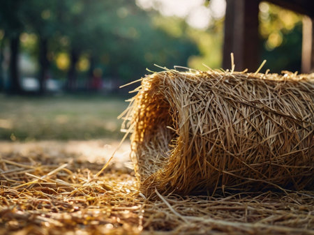 bale of straw in the park, close-up, selective focusの素材