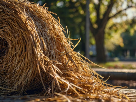 Straw bales in the park on a sunny summer day.の素材
