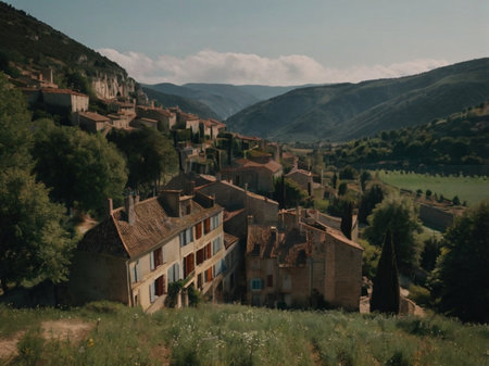 Village in the Pyrenees, France. Vintage style.の素材