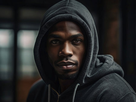 Portrait of serious African American man in hoodie looking at cameraの素材